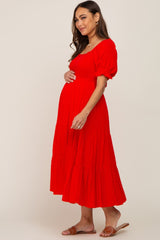 Red Swiss Dot Puff Sleeve Smocked Maternity Midi Dress