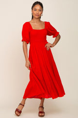 Red Swiss Dot Puff Sleeve Smocked Midi Dress