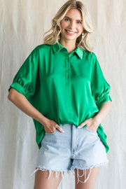 Green Satin Button Up Top