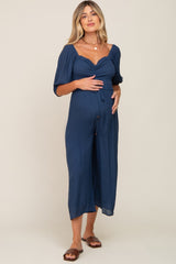 Navy Blue Smocked Drawstring Front Short Sleeve Maternity Jumpsuit