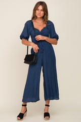 Navy Blue Smocked Drawstring Front Short Sleeve Maternity Jumpsuit