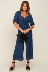 Navy Blue Smocked Drawstring Front Short Sleeve Jumpsuit