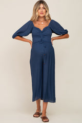 Navy Blue Smocked Drawstring Front Short Sleeve Maternity Jumpsuit