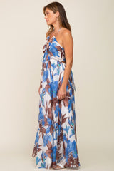 Blue Floral Front Ruffle Halter Maxi Dress