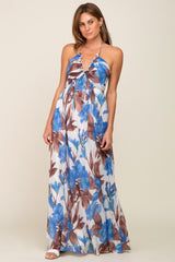 Blue Floral Front Ruffle Halter Maxi Dress