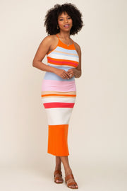 Orange Striped Soft Ribbed Cross Back Maxi Dress