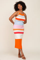 Orange Striped Soft Ribbed Cross Back Maxi Dress