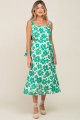 Green Floral Linen Square Neck Open Back Maternity Midi Dress