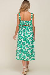 Green Floral Linen Square Neck Open Back Maternity Midi Dress