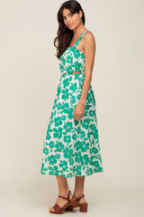 Green Floral Linen Square Neck Open Back Midi Dress