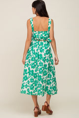 Green Floral Linen Square Neck Open Back Midi Dress