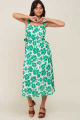 Green Floral Linen Square Neck Open Back Midi Dress