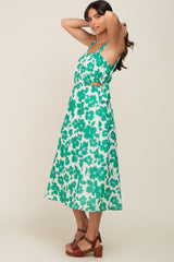 Green Floral Linen Square Neck Open Back Midi Dress