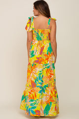 Yellow Tropical Print Smocked Tie Sleeve Maternity Maxi Dress