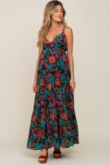 Black Floral Chiffon Criss Cross Back Tiered Maternity Maxi Dress