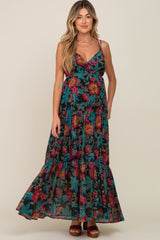 Black Floral Chiffon Criss Cross Back Tiered Maternity Maxi Dress