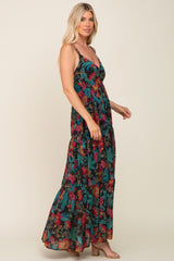 Black Floral Chiffon Criss Cross Back Tiered Maxi Dress