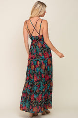 Black Floral Chiffon Criss Cross Back Tiered Maxi Dress