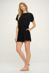 Black Short Sleeve Open Back French Terry Romper