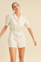 White Puff Sleeve Denim Romper