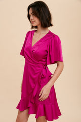 Orchid Satin Ruffle Wrap Dress