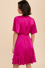 Orchid Satin Ruffle Wrap Dress