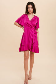 Orchid Satin Ruffle Wrap Dress