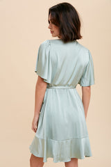 Sage Satin Ruffle Wrap Dress