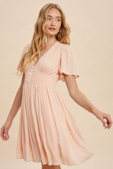 Peach Blush V Neck Pleat Mini Dress