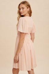 Peach Blush V Neck Pleat Mini Dress