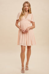 Peach Blush V Neck Pleat Mini Dress