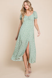 Green Ditsy Floral Puff Sleeved Smocked-Back Midi Dress