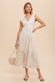 Cream Linen Button Front Ruffle Midi Dress