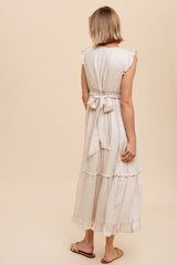 Cream Linen Button Front Ruffle Midi Dress