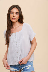 Grey Lace Inset Square Neck Button Top