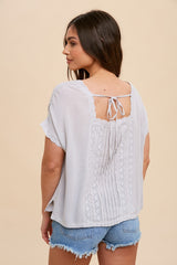 Grey Lace Inset Square Neck Button Top