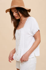 Off White Lace Inset Square Neck Button Top