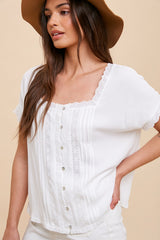 Off White Lace Inset Square Neck Button Top