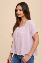 Pink Lace Inset Square Neck Button Top