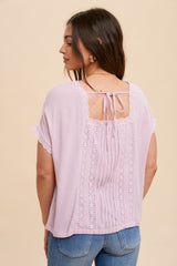 Pink Lace Inset Square Neck Button Top