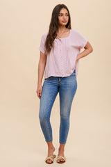 Pink Lace Inset Square Neck Button Top