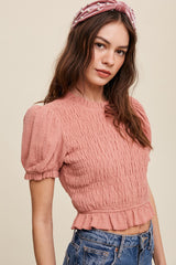 Pink Puff Sleeve Smocked Crop Top With Back Tie