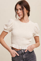 Cream Puff Sleeve Smocked Crop Top With Back Tie