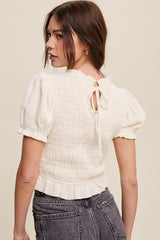 Cream Puff Sleeve Smocked Crop Top With Back Tie