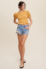 Mustard Puff Sleeve Smocked Crop Top With Back Tie