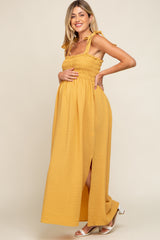 Yellow Textured Smocked Shoulder Tie Maternity Maxi Dress