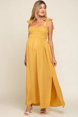 Yellow Textured Smocked Shoulder Tie Maternity Maxi Dress