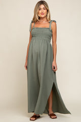 Olive Textured Smocked Shoulder Tie Maternity Maxi Dress