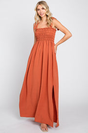 Rust Textured Smocked Shoulder Tie Maxi Dress