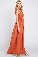 Rust Textured Smocked Shoulder Tie Maxi Dress